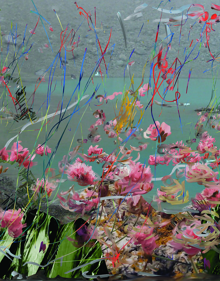 Colorful Art Mural of Floating Pink Flowers