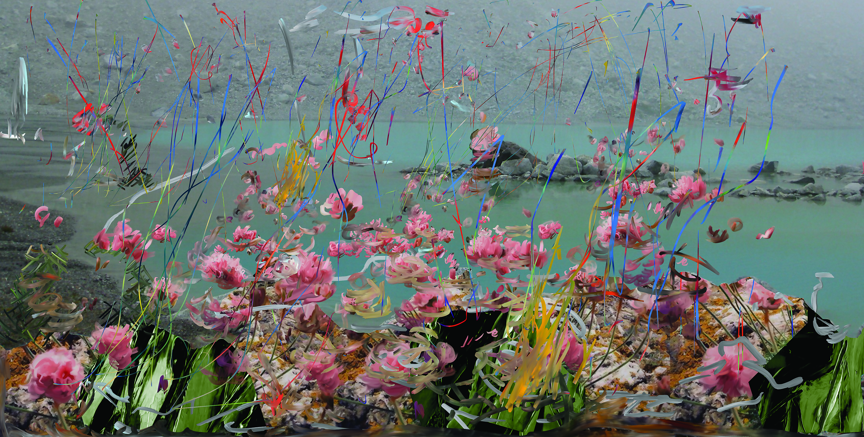 Colorful Art Mural of Floating Pink Flowers