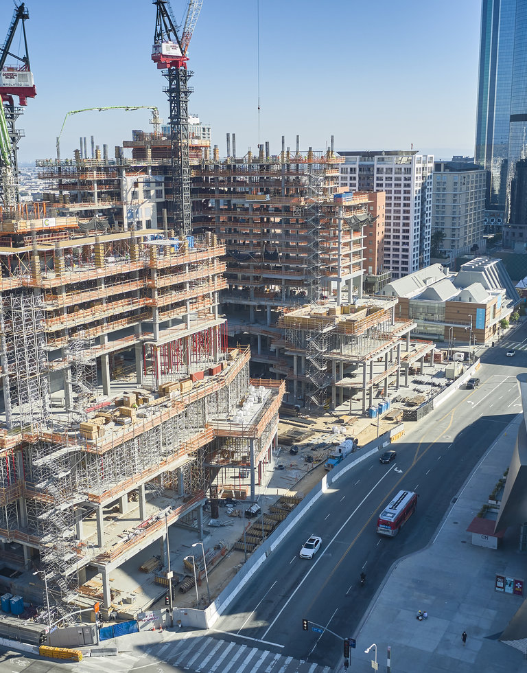 Construction Team Working on Development of The Grand LA, Multiple Levels Already Developed, Staging and Cranes Located in Image
